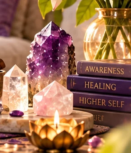 Amethyst cluster, rose quartz and clear quartz crystals with a lotus candle holder