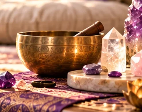 A brass singing bowl with a wooden mallet beside clear quartz and amethyst crystals